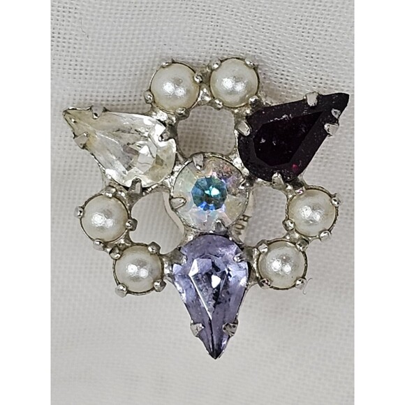 VINTAGE ESTATE JEWELRY SIGNED B DAVID FAUX PEARL RHINESTONE CLIP EARRINGS - Picture 3 of 7